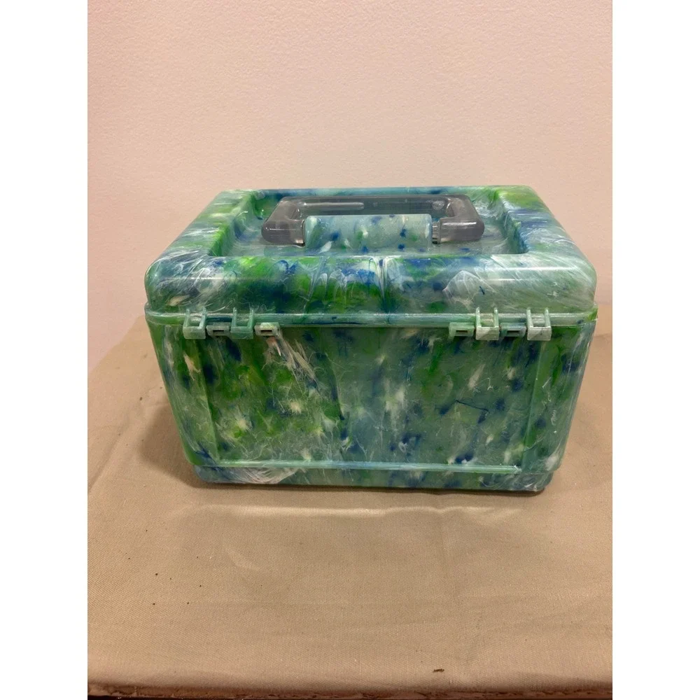 Vintage Green Blue Marbled Acrylic Makeup Train Case Vanity Box with Mirror Tray